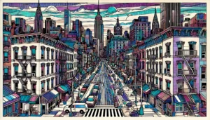 Line art illustration of East Village, Manhattan, NYC, featuring abstract representations of vibrant street scenes and buildings.