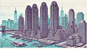 Line Art illustration of Waterside Plaza in Kips Bay, Manhattan, NYC, featuring four distinctive high-rise buildings and waterfront elements.