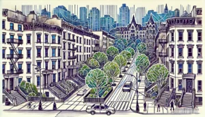 Line art illustration of Greenwich Village, Manhattan, NYC, featuring abstract representations of historic brownstones and tree-lined streets.