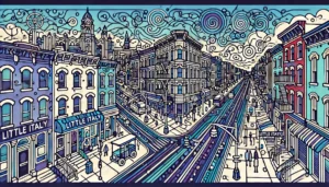 Abstract line art illustration of Little Italy, Manhattan, NYC, with a limited color palette of deep blue-purple, bright teal, and white.