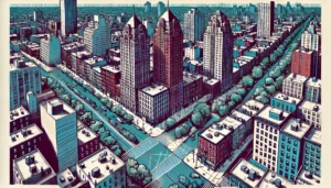 Abstract line art illustration of Yorkville, Manhattan, NYC, featuring tall red brick apartment buildings and tree-lined streets.