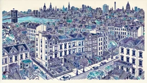 Line art illustration of Hamilton Heights, Manhattan, NYC, featuring abstract representations of historic townhouses and community scenes.