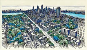 Line art illustration of Inwood, Manhattan, NYC, featuring abstract representations of natural landscapes and historic buildings.