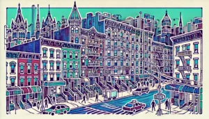 Line art illustration of Harlem, Manhattan, NYC, featuring abstract representations of brownstones and cultural elements.