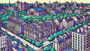 Line art illustration of Carnegie Hill, Manhattan, NYC, featuring abstract representations of buildings and green spaces.