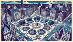 Abstract line art illustration of Union Square, Manhattan, NYC, featuring a circular seating area and greenery.