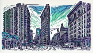 Line art illustration of Flatiron District, Manhattan, NYC, featuring abstract representations of the Flatiron Building and surrounding architecture.