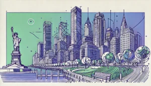 Line art illustration of Battery Park City with modern buildings and waterfront views.