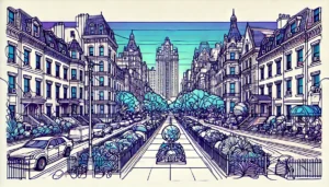 Line art illustration of Gramercy Park, Manhattan, NYC, featuring abstract representations of townhouses and greenery.