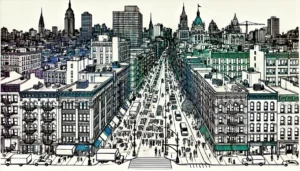 Line art illustration of Garment District, Manhattan, NYC, featuring abstract representations of historic buildings and fashion-related elements.