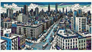 Line art illustration of Hell's Kitchen, Manhattan, NYC, featuring abstract representations of buildings and street scenes.