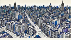 Line art illustration of Chelsea, Manhattan, NYC, depicting abstract representations of buildings and urban elements.