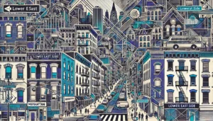 Abstract line art illustration of Lower East Side, Manhattan, NYC, featuring deep blue-purple, bright teal, and white colors.