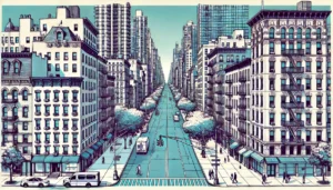 Abstract line art illustration of Upper East Side, Manhattan, NYC, featuring tall residential buildings and a bustling street.