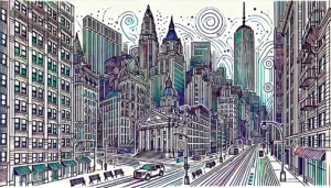 Line art illustration of Financial District, Manhattan, NYC, featuring abstract representations of iconic skyscrapers and historic architecture.