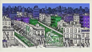 Line art illustration of Alphabet City with abstract elements like residential buildings and street art.