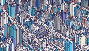 Abstract line art illustration of Koreatown, Manhattan, NYC, with a limited color palette of deep blue-purple, bright teal, and white.