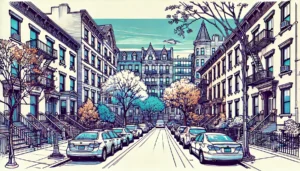 Abstract line art illustration of West Village, Manhattan, NYC, featuring tree-lined streets and historic brownstone buildings.