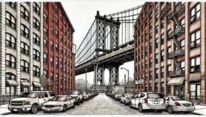 Line art illustration of Downtown Brooklyn with Manhattan Bridge, NYC