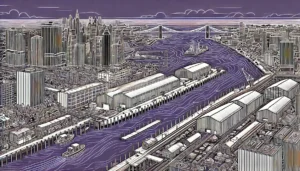 Line art illustration of the Navy Yard waterfront in Brooklyn