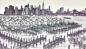 Line art illustration of waterfront houses and piers in Brooklyn