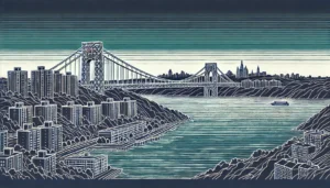 Line art illustration of Washington Heights, NYC, featuring abstract representations of iconic architecture and landscapes using a limited color palette of indigo, teal, and white.
