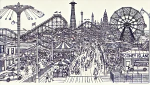 Line art illustration of Coney Island boardwalk in Brooklyn, NYC