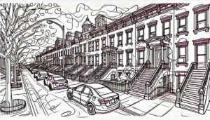 Line art illustration of brownstone buildings in Prospect Heights, Brooklyn