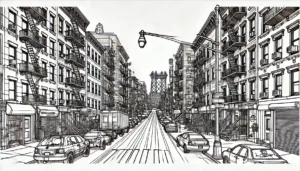 Line art illustration of Bushwick street in Brooklyn, NYC