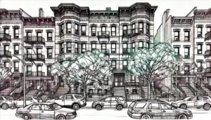 Line art illustration of a brick apartment building in Ocean Hill, Brooklyn