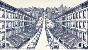 Line art illustration of Clinton Hill brownstones in Brooklyn, NYC