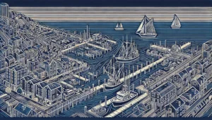 Line art illustration of Sheepshead Bay, Brooklyn, NYC, featuring abstract representations of the waterfront, fishing boats, piers, and surrounding buildings using a limited color palette of indigo, teal, and white.