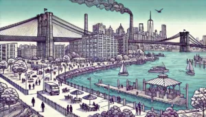 Line Art style illustration of Williamsburg Brooklyn, featuring the waterfront park, industrial buildings, and the Williamsburg Bridge.