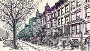 Line art illustration of brownstone houses in Greenwood Heights, Brooklyn