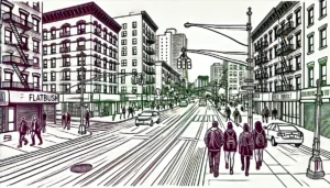 Line art illustration of Flatbush street scene with pedestrians