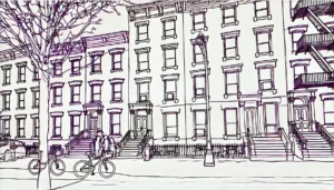 Line art illustration of brownstone buildings and bicycles in Fort Greene