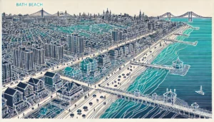 Line art illustration of Bath Beach, Brooklyn, NYC, featuring abstract representations of waterfront views, local landmarks, and architecture using a limited color palette of indigo, teal, and white