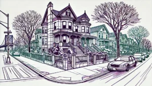 Line art illustration of residential houses in Gravesend, Brooklyn