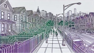 Line art illustration of a residential street in Midwood, Brooklyn