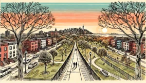 Sunset Park painting services captured in a detailed line art illustration of Brooklyn’s iconic neighborhood