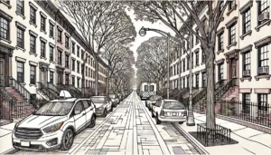 Line art illustration of Cobble Hill street in Brooklyn, NYC