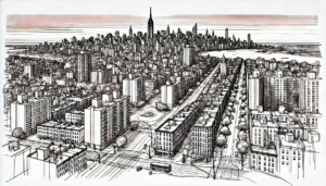 Line art illustration of Morningside, Manhattan neighborhood using continuous and broken lines in a limited color palette.