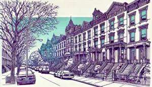 Line Art style illustration of Windsor Terrace's Brooklyn neighborhood, featuring row houses and a tree-lined street.