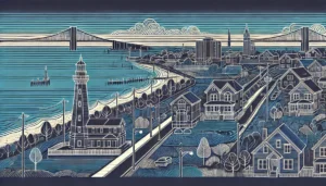 Line art illustration of Sea Gate, Brooklyn, NYC, featuring abstract representations of the seaside landscape, historic homes, and a lighthouse using a limited color palette of indigo, teal, and white.