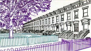 Line art illustration of East Flatbush brownstones and trees