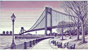 Line art illustration of Verrazzano-Narrows Bridge and waterfront park with no tall buildings