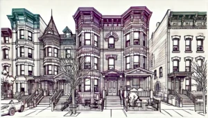 Line art illustration of residential brick houses in Kensington, Brooklyn