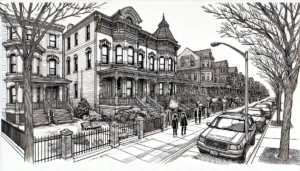 Line art illustration of Ditmas Park houses in Brooklyn, NYC