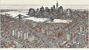 Line art illustration of Borough Park, Brooklyn, NYC in a limited color palette