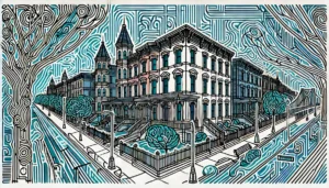 Line art illustration of Bedford-Stuyvesant, Brooklyn, NYC, featuring abstract representations of historic brownstones, tree-lined streets, and iconic architecture using a limited color palette of indigo, teal, and white